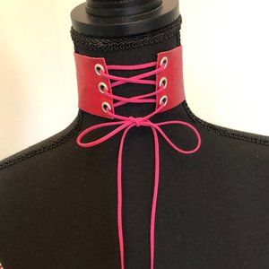 Red Leather Corset Lace Up Choker